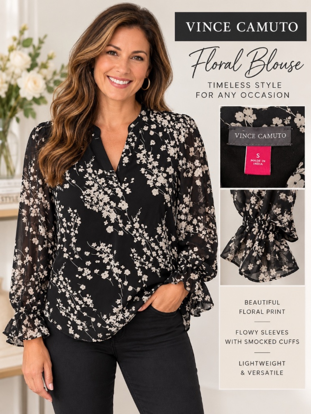 Vince Camuto Black Floral Sheer Sleeve Blouse Size S